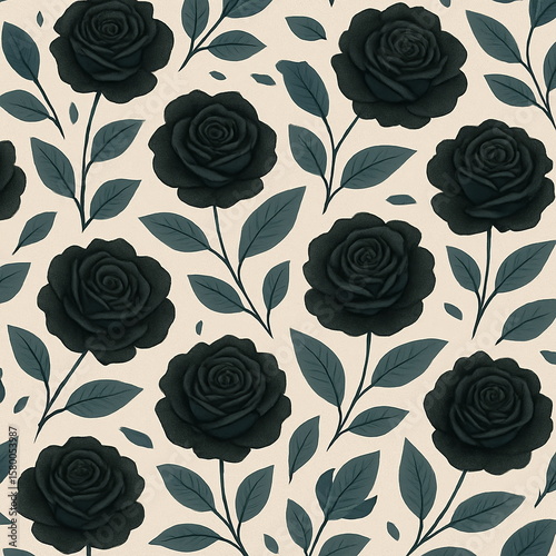 Elegant seamless rose floral pattern vector with dark black flowers, gray leaves, vintage style, hand-drawn minimal look, beige background, botanical surface wallpaper illustration