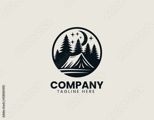 Peaceful Camping Night Scene Tent Forest Moon Outdoor Adventure Vector Logo Design