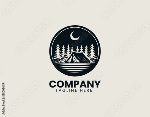 Peaceful Camping Night Scene Tent Forest Moon Outdoor Adventure Vector Logo Design