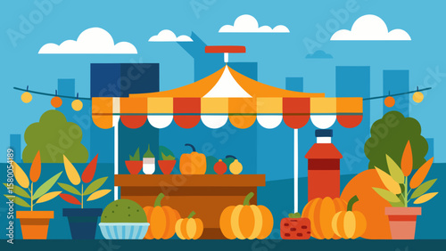 Colorful farmers market stall with pumpkins, vegetables, and plants in urban setting