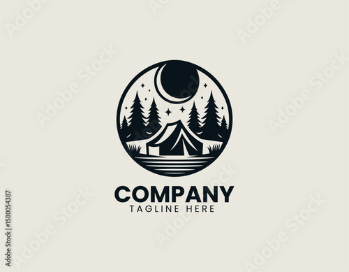 Peaceful Camping Night Scene Tent Forest Moon Outdoor Adventure Vector Logo Design