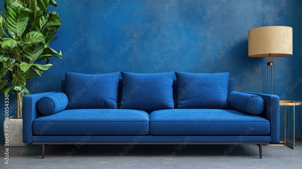 Obraz premium A deep blue sofa in a modern living room.