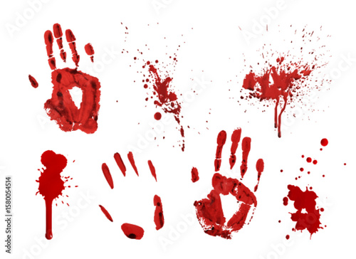 Red bloodstain set for halloween horror designs - dripping splashes, finger and handprints, scattered drops. Spooky crime scene element with realistic texture for thriller poster, scary decoration