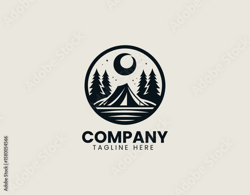Peaceful Camping Night Scene Tent Forest Moon Outdoor Adventure Vector Logo Design
