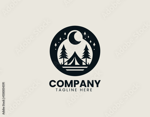 Peaceful Camping Night Scene Tent Forest Moon Outdoor Adventure Vector Logo Design
