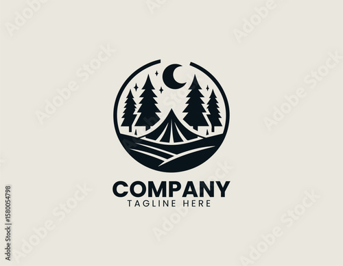 Peaceful Camping Night Scene Tent Forest Moon Outdoor Adventure Vector Logo Design