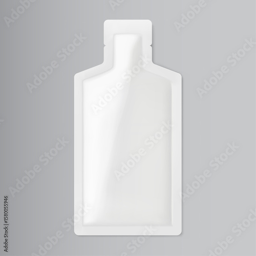 Sachet bag mockup for energy gels, sport nutrition, cosmetics. Vector illustration isolated on grey background. Flat lay view. Can be use for template your design, presentation, promo, ad. EPS10.