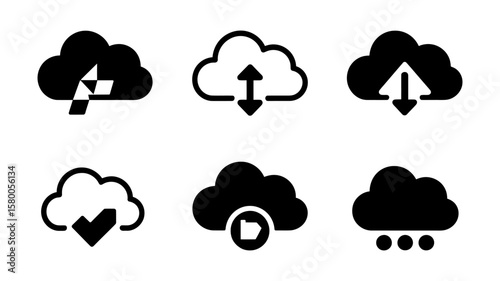 Vector art of set of cloud icons isolated on white background, representing cloud computing and data transfer