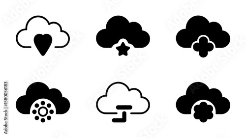 Vector art of a set of cloud icons showcasing different cloud computing features and services isolated on white background