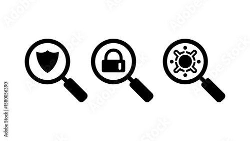 Vector art of magnifying glasses reveal shields, padlocks, and viruses, isolated on white background