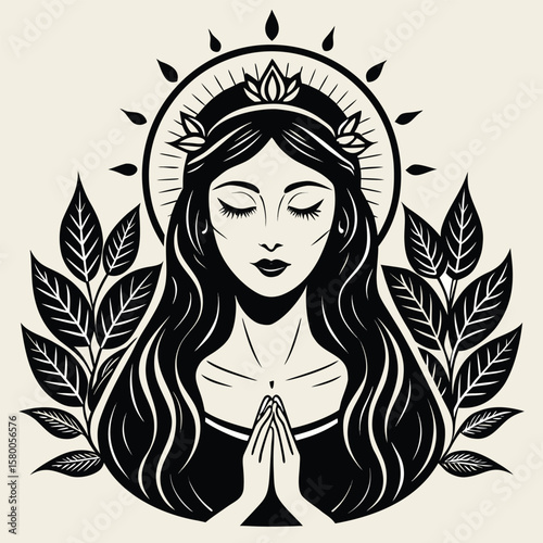 Fashionable woman's face illustration with elegant long black hair, a beautiful flower, and sensuous lips