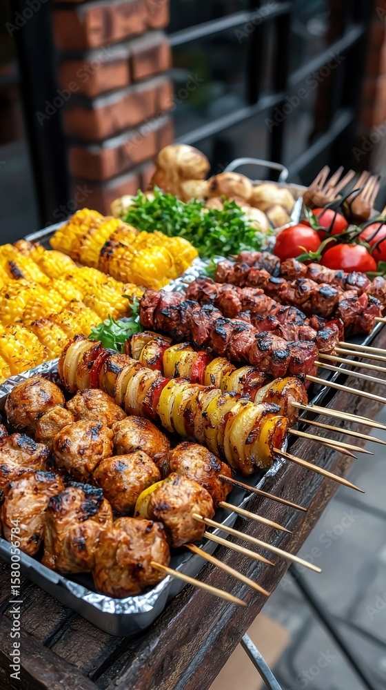 Naklejka premium A vibrant watercolor food scene depicts delicious skewers of meat and vegetables showcased in a colorful street food market, reminiscent of art with a 4-giixel look.