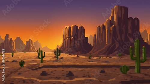 Animated Pixel Art Desert Landscape with Saguaro Cacti at Sunset and Warm Hues