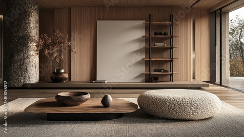 Interior with a knitted ottoman and ladder shelf in a modern living room, featuring wooden paneling and an empty mock-up wall, offering a flexible and customizable space, Generative AI