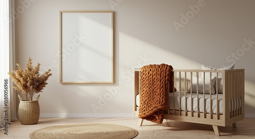Square wood frame mockup in modern minimalist nursery