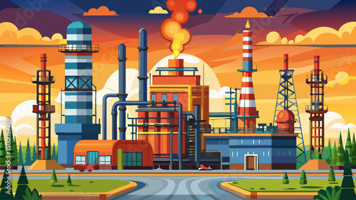 Oil gas refinery plant. May called petroleum, production or petrochemical plant. Include gas flare or flare stack. Industrial factory construction from engineering technology by steel, pipe,