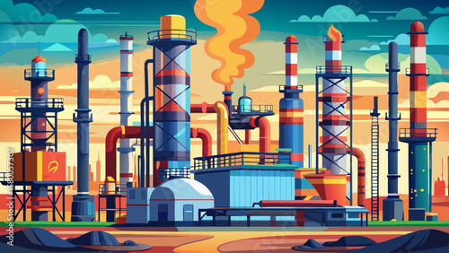 Oil gas refinery plant. May called petroleum, production or petrochemical plant. Include gas flare or flare stack. Industrial factory construction from engineering technology by steel, pipe,