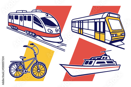 Set of modern transportation vector icons with train, bicycle, and boat