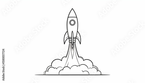 Black And White Line Art Rocket Launching