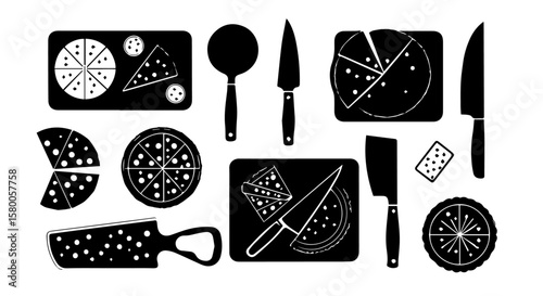 Culinary delights featuring pizza, slicer, and knives on black background for a delicious Italian meal, silhouette