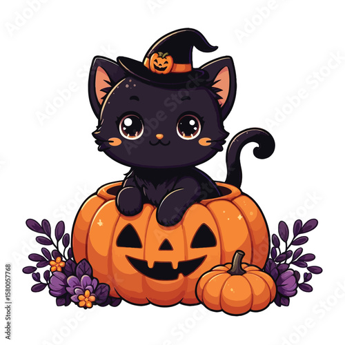 Cute Halloween Black Cat In Pumpkin  vector illustration isolated on white background