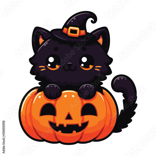 Cute Halloween Black Cat In Pumpkin  vector illustration isolated on white background