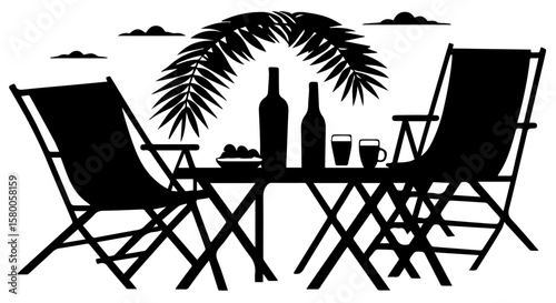 Relaxing tropical beach scene featuring silhouette chairs, drinks, palm trees, and a table under a partly cloudy sky