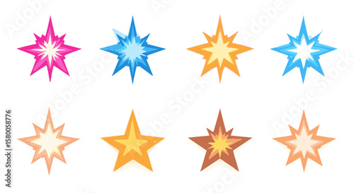 Eight starbursts in various colors add bright accents to any modern design or playful creative element, silhouette