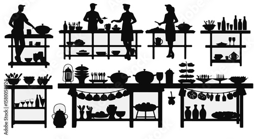 Festive buffet illustration displaying food preparation and self service offering in dark silhouette outline against white