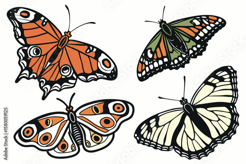 Vector art of a group of four colorful butterflies with intricate patterns, isolated on a white background