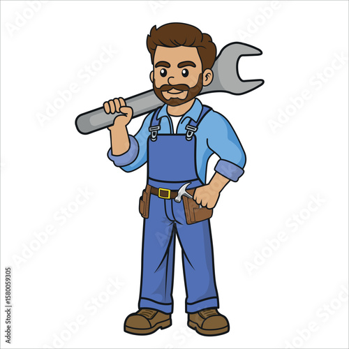 Friendly Cartoon Mechanic  in Blue Overalls Handyman Character Holding a Wrench