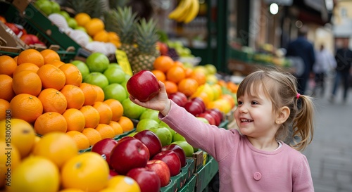 Child choosing fruit at market stall