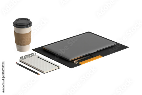 A laptop on a black pad with a pencil notebook and coffee cup on a white background surface


