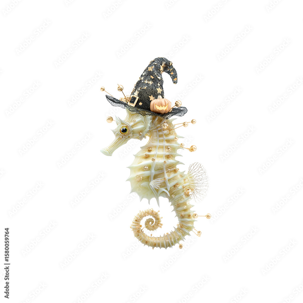 Naklejka premium Halloween Seahorse with Witch Hat and Pumpkins