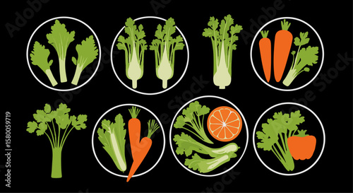 Fresh vegetables, herbs, and fruits are showcased in simple flat circle graphics for healthy eating and nutrition visuals, silhouette