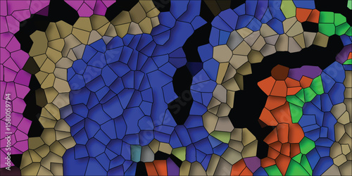 Abstract mosaic patterned artwork with geometric cell-like forms in various colors against a black background displaying digital design and artistic visuals