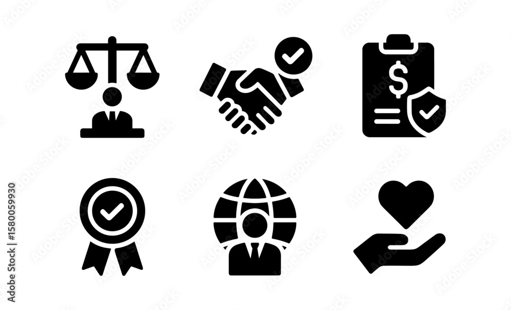 Business icons set: justice, partnership, finance, approval, global network, charity Business icons set: justice, partnership, finance, approval, global network, charity
