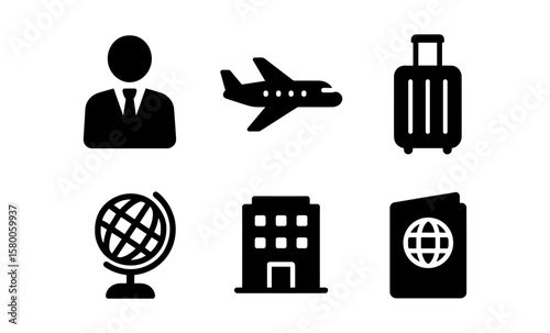 Travel icons: airplane, luggage, globe, hotel, passport, business person