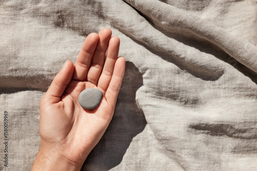 Open palm smooth pebble natural linen soft light minimal style relaxation calm simplicity neutral color mindfulness. hand gently holds single round stone textured fabric evoking peaceful