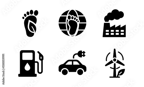 Eco-friendly icons: carbon footprint, green energy, sustainable industry, electric cars, wind turbine