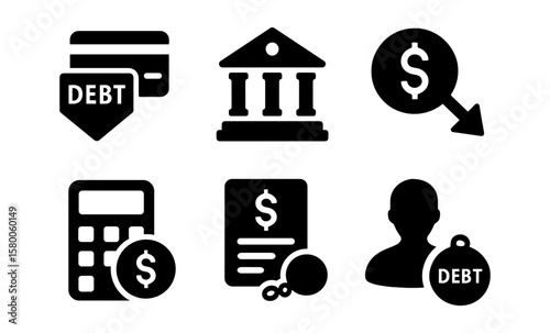 Financial management icons highlighting debt and money concepts for business and finance