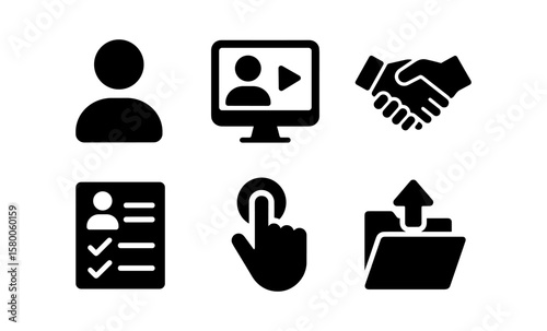 Digital icons: user profile, video play, handshake, checklist, touch screen, file upload