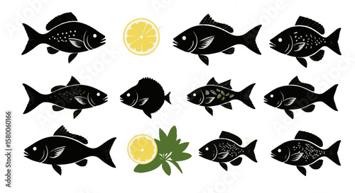 Fresh catch design featuring assorted fish illustrations, lemon halves, and vibrant green herb sprigs on a light background, silhouette