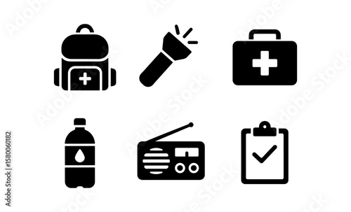 Essential emergency kit icons depicting backpack, flashlight, first aid, water, radio, and checklist