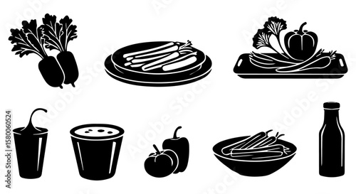 Simple black and white food vector illustration features fresh radishes, peppers, and healthy ingredients ready for culinary design, silhouette