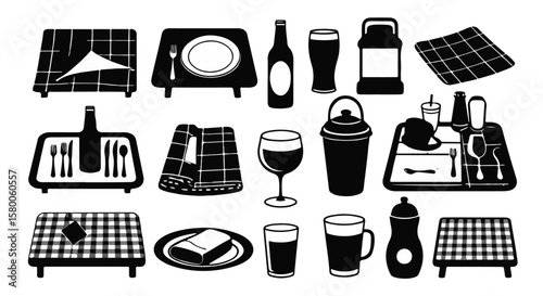 Tableware arrangement featuring glasses, plates, trays, cutlery and napkins in a culinary display, silhouette