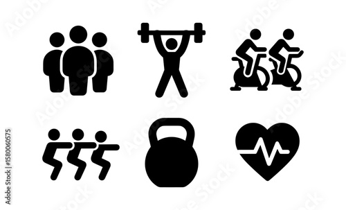 Fitness icon set: group workout, weightlifting, cycling, squats, kettlebell, heartbeat
