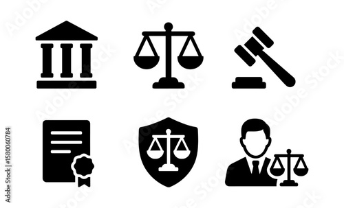 Legal and justice icons collection: court symbols, scales, gavel, certificate, shield, lawyer silhouettes