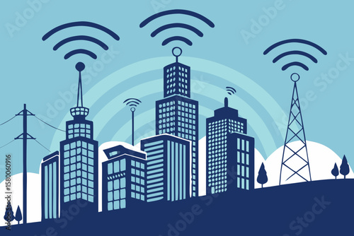 Modern smart city skyline with wireless signal and communication towers