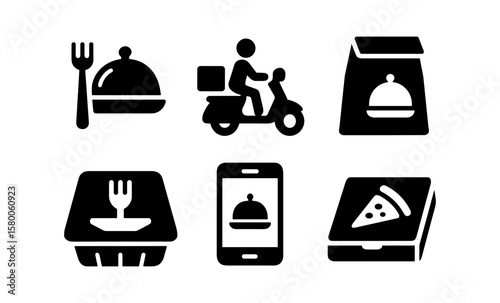 Food delivery icons set: scooter, takeout, mobile app, pizza, catering